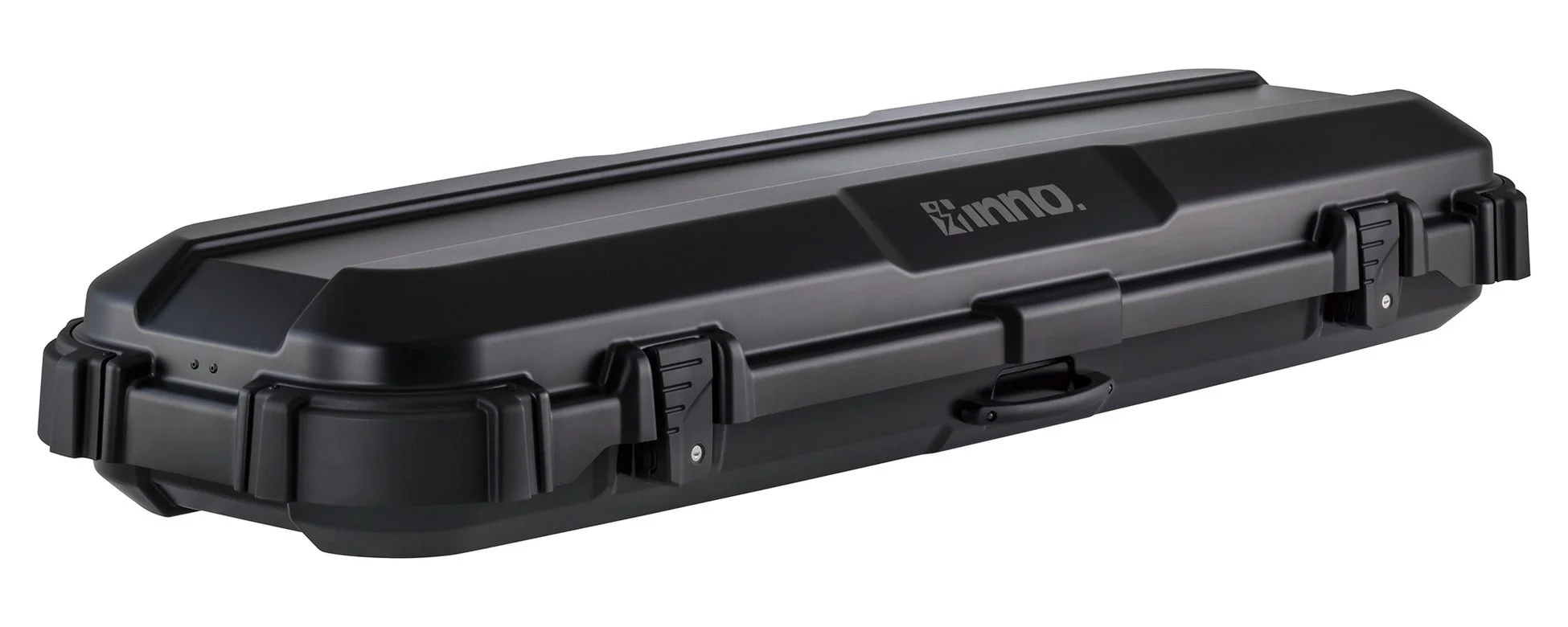 「inno.」のロゴが入った黒い頑丈なハードケースです。長方形で、両端に留め具があり、中央には持ち運び用のハンドルが付いています。収納や輸送に適したデザインです。