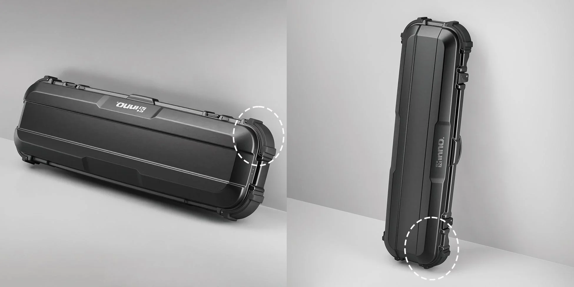 黒い頑丈なハードケースが2つの異なる角度から写っており、製品ロゴ「inno.」が見えます。アウトドア用品などの収納に適した保護ケースです。