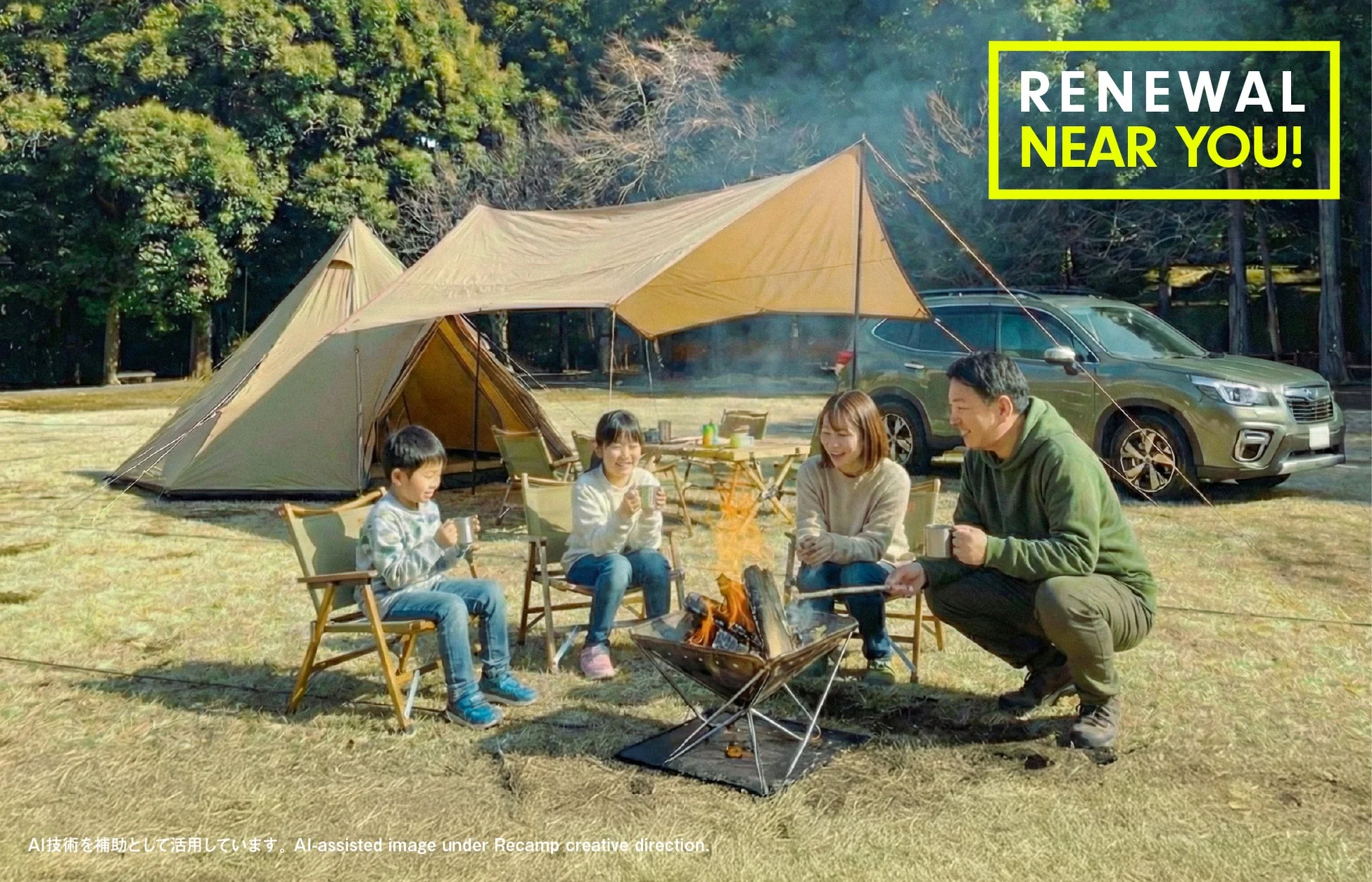 キャンプ場で焚き火を囲む家族