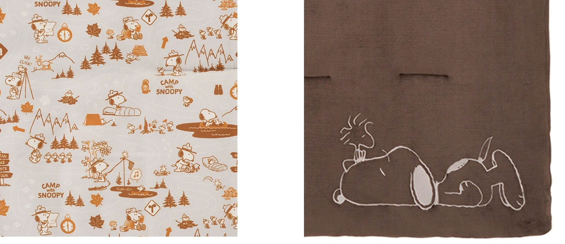スヌーピーとウッドストックがキャンプを楽しむ様子が描かれた総柄の生地