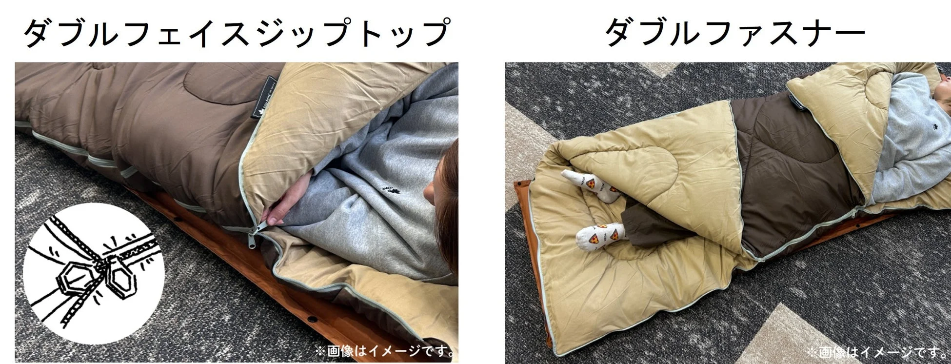 ダブルフェイスジップトップとダブルファスナーが特徴の寝袋の使用イメージ