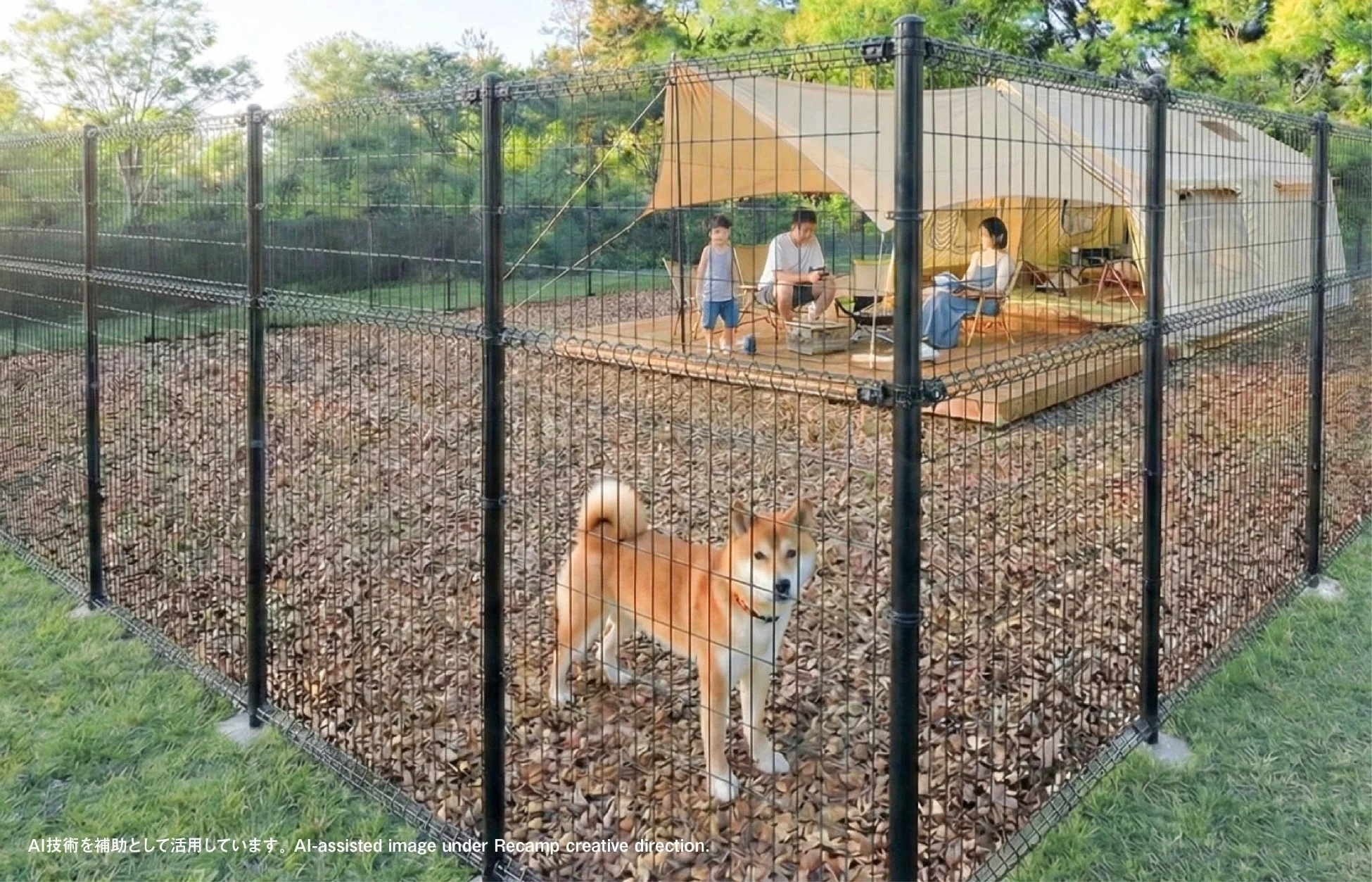 柵で囲まれたドッグランに柴犬がおり、その奥で家族がキャンプを楽しむ様子