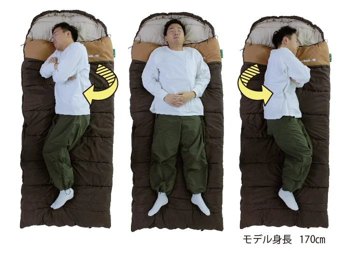 寝袋、スリーピングバッグ、キャンプ、睡眠、モデル、寝姿勢、仰向け、横向き、アウトドア、快適性、ブラウン