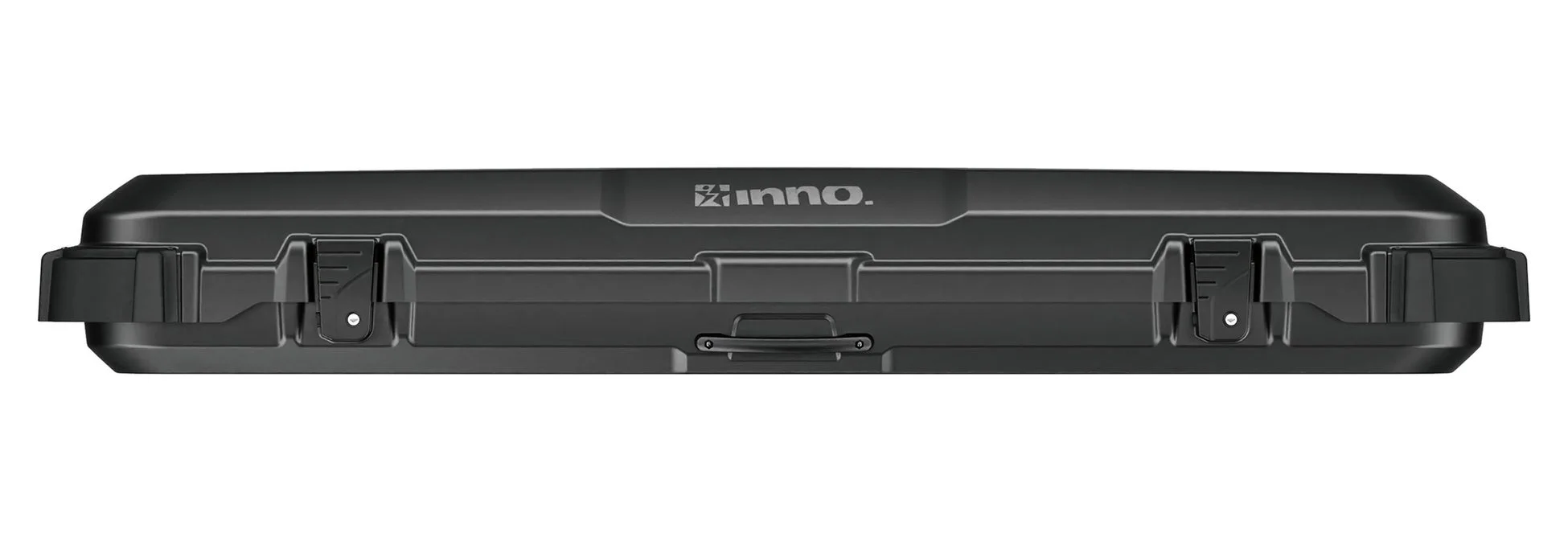 白い背景に置かれた、黒い頑丈なルーフカーゴボックスです。上部中央には「inno.」のロゴが見えます。