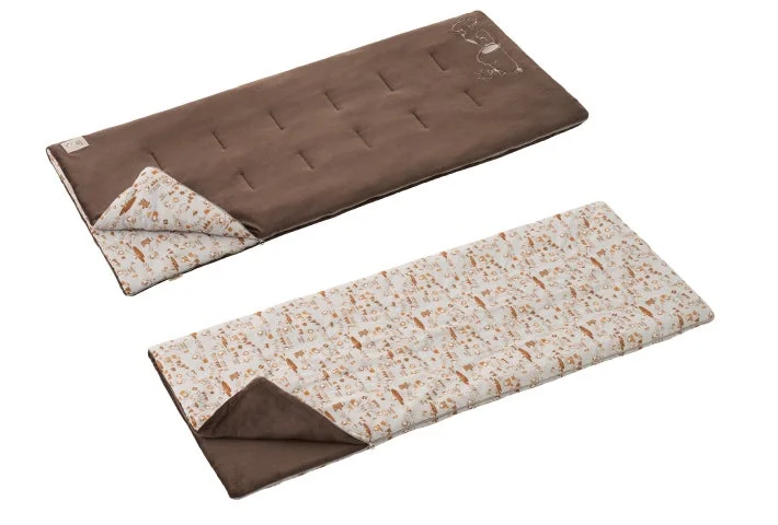 茶色と白のキャラクター柄のリバーシブル寝袋