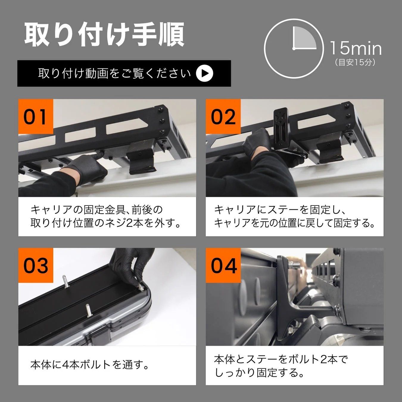 キャリアの取り付け手順を4つのステップで説明しています。
