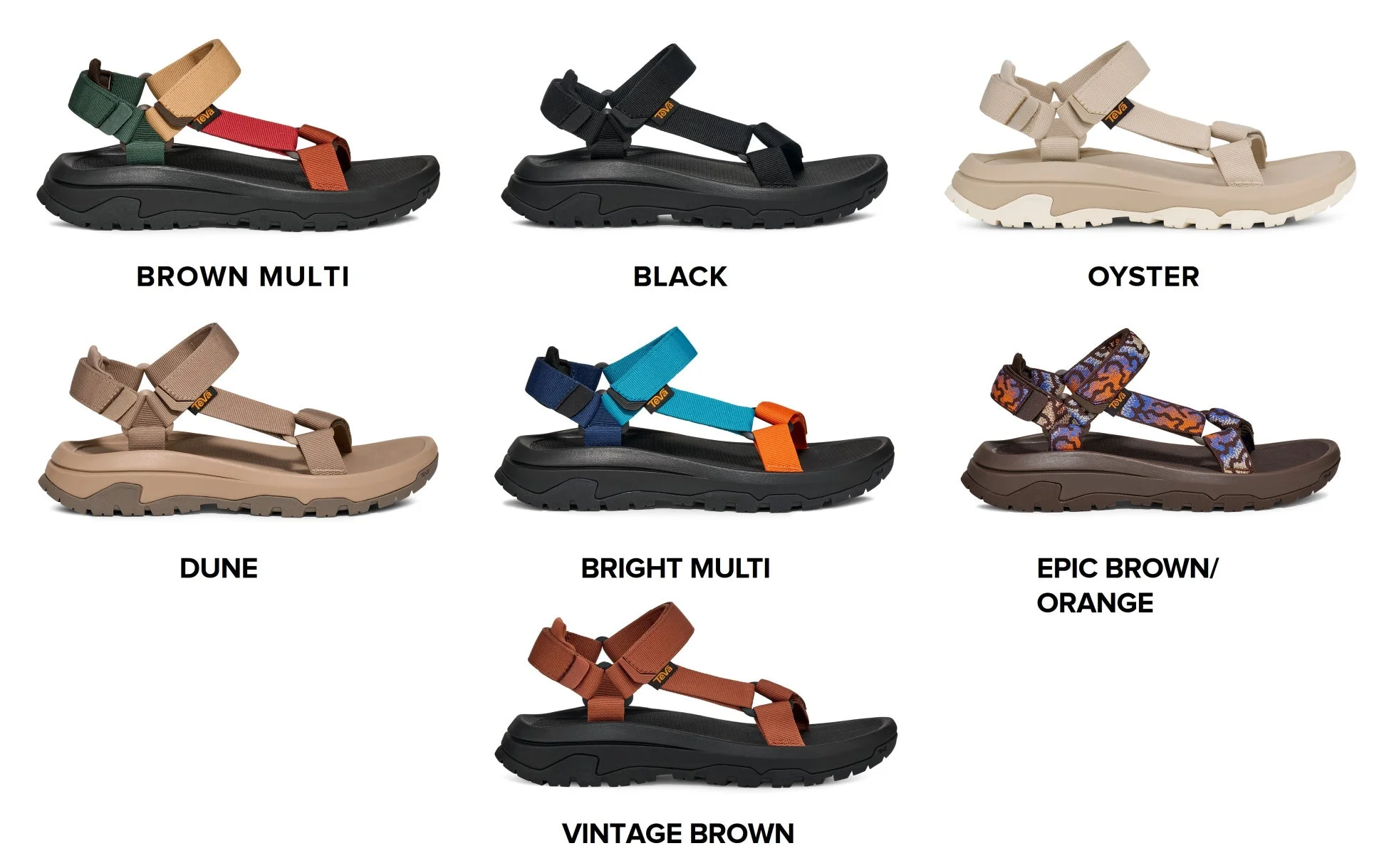 Tevaブランドのサンダル7種類が写っています。ブラウンマルチ、ブラック、オイスター、デューン、ブライトマルチ、エピックブラウン/オレンジ、ヴィンテージブラウンといった多様なカラーとデザインが特徴です。