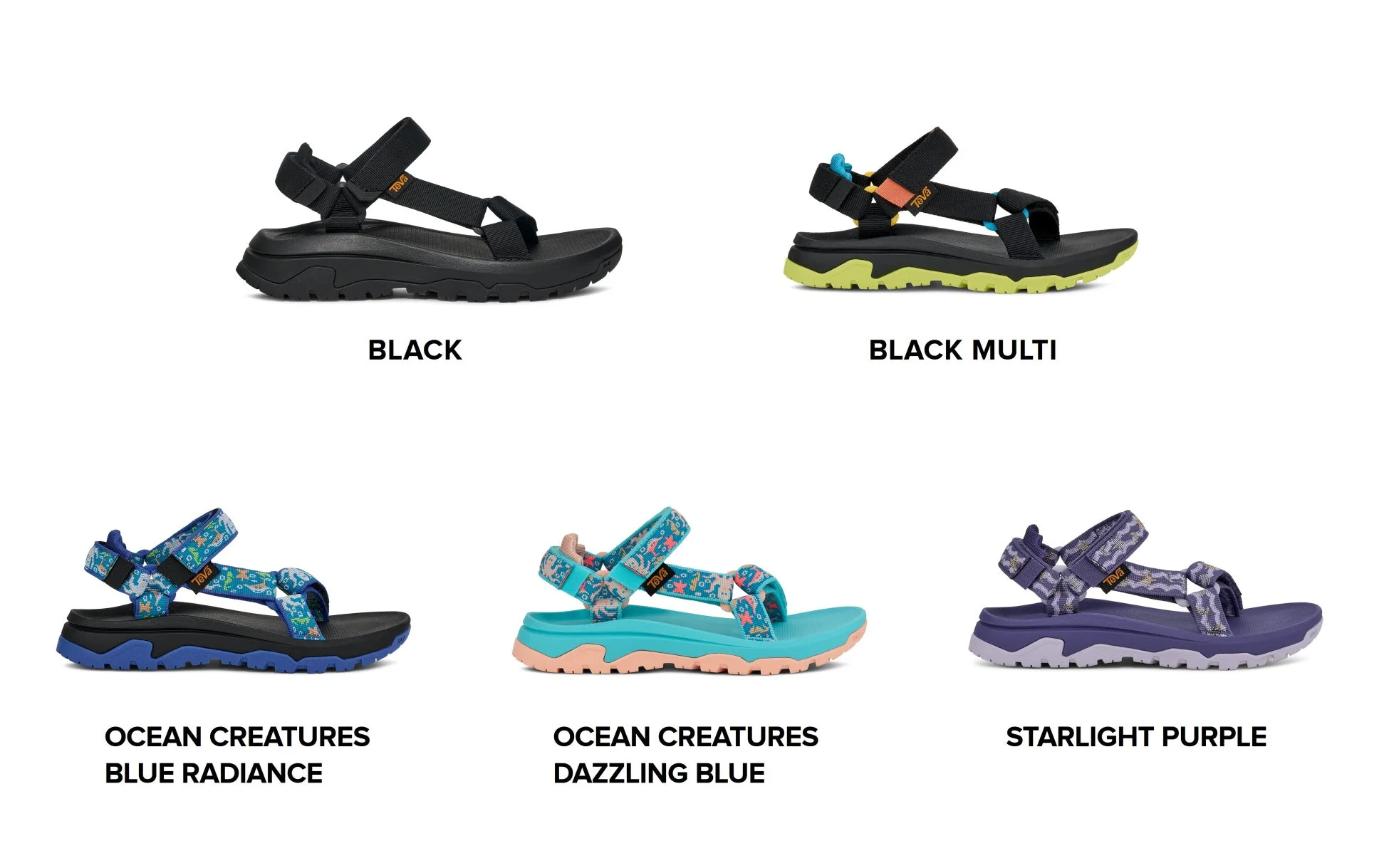 Tevaブランドのサンダル6種類のカラーバリエーションが紹介されています。