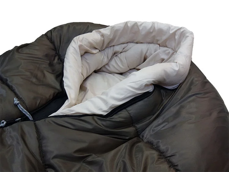 白い背景に置かれた、暗い色の寝袋の上部をクローズアップした画像