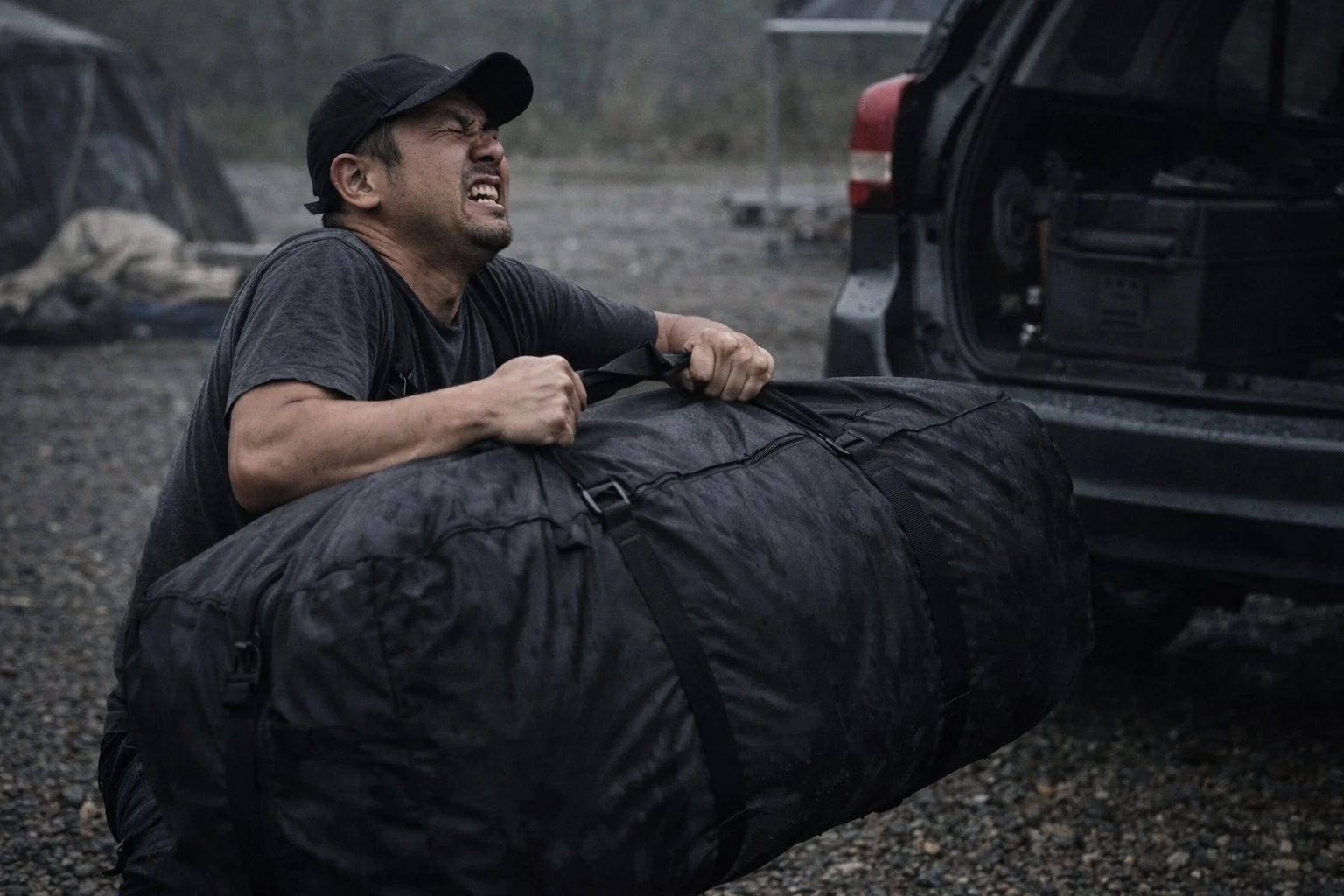 重い荷物を持ち上げる男性