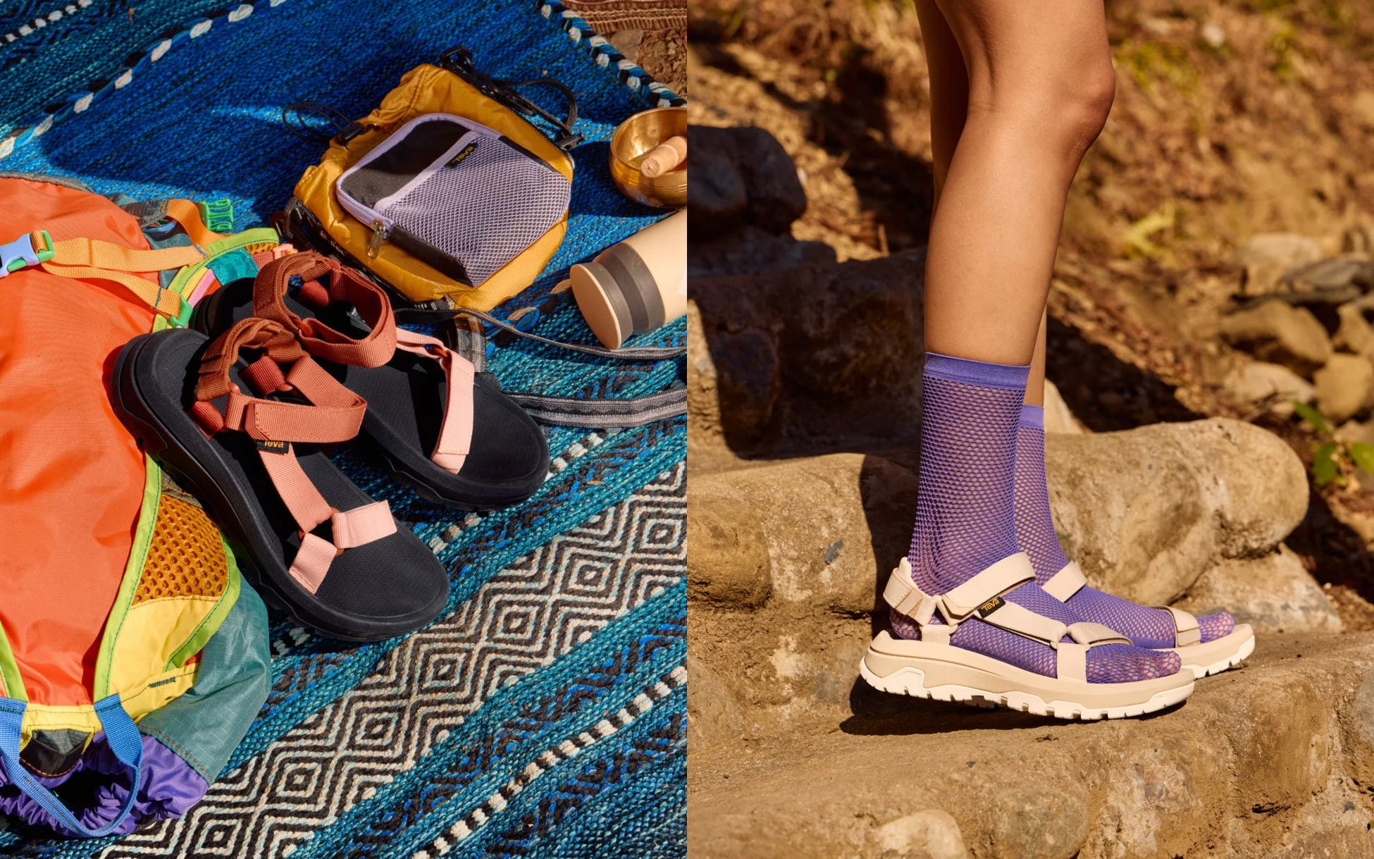Tevaのサンダルを中心に、アウトドア用品が並べられた左側と、紫のメッシュソックスとTevaのサンダルを履いた足元が岩の上に立つ右側で構成された画像