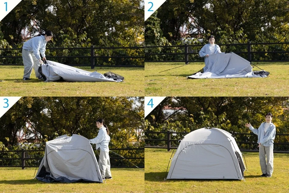 女性が屋外の広々とした草原で、クイックキャンプのテントを設営する様子を4つのステップで紹介