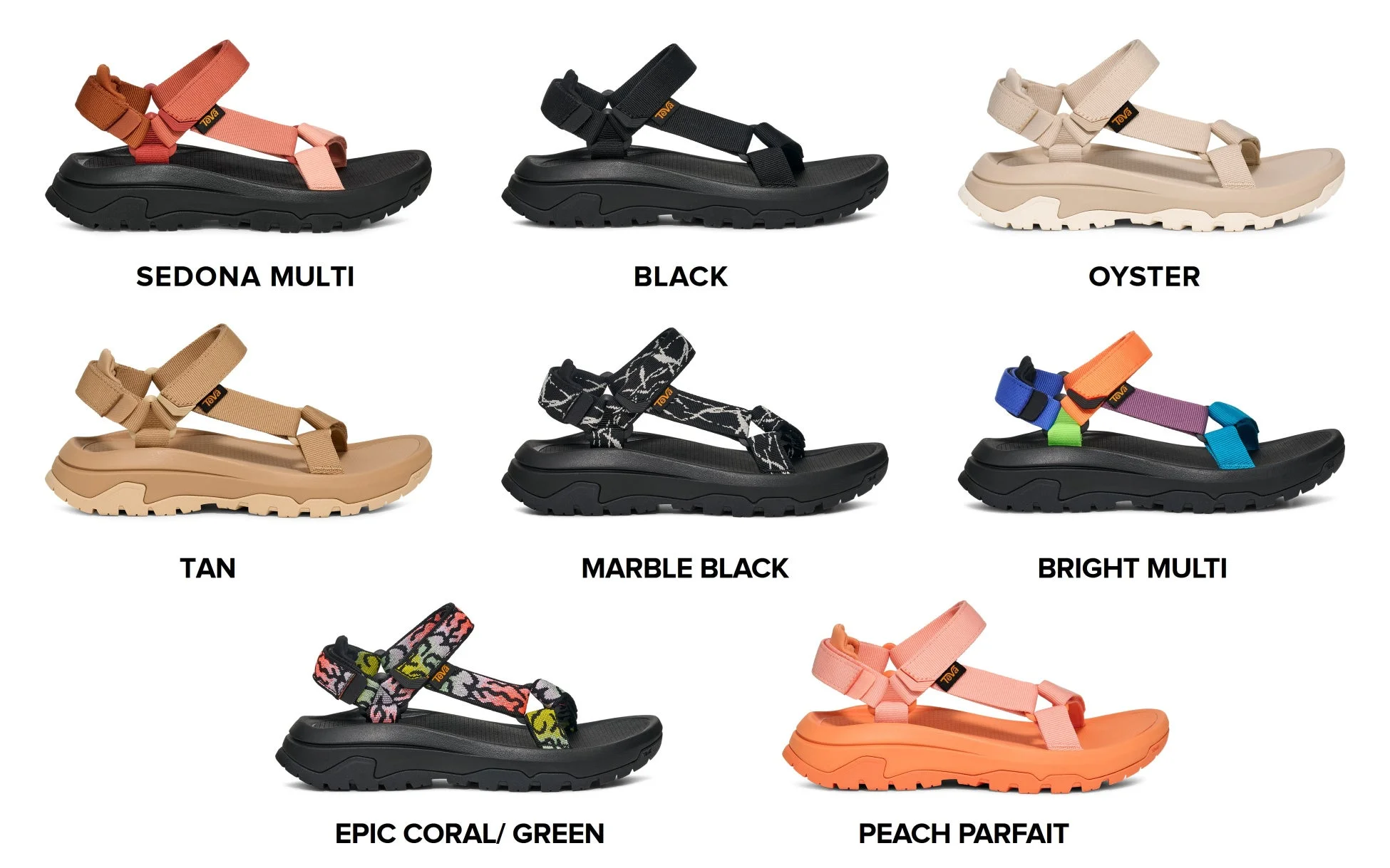 白背景にTevaブランドのサンダルが8種類並べられています。それぞれのサンダルには「SEDONA MULTI」や「BLACK」といった色やスタイルの名称が記されており、様々なデザインとカラーバリエーションが紹介されています。