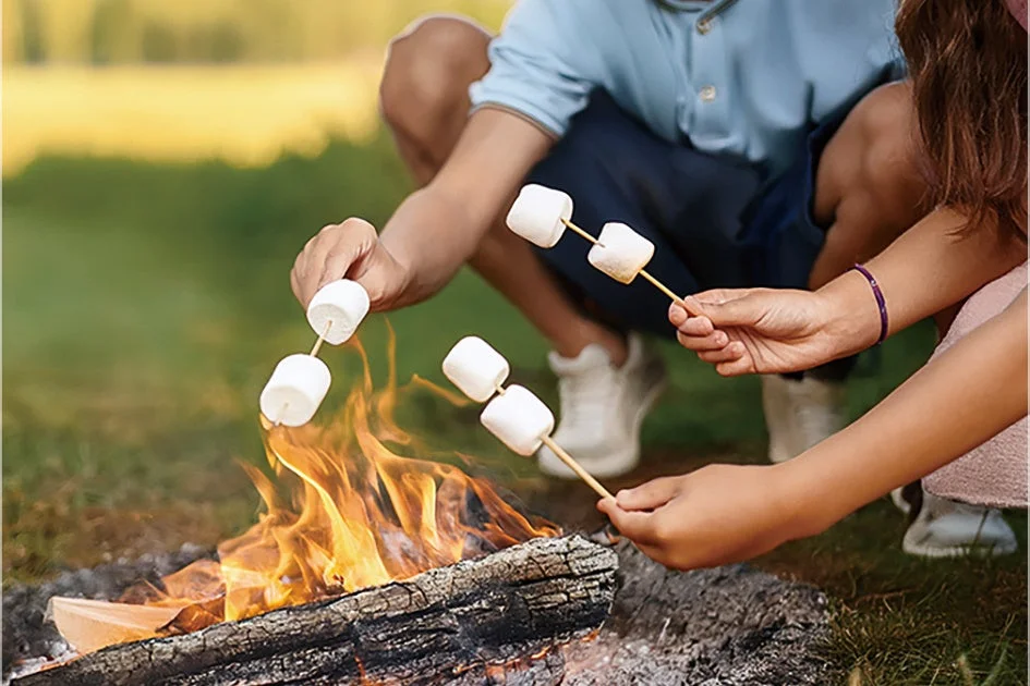 焚き火でマシュマロを焼く人々