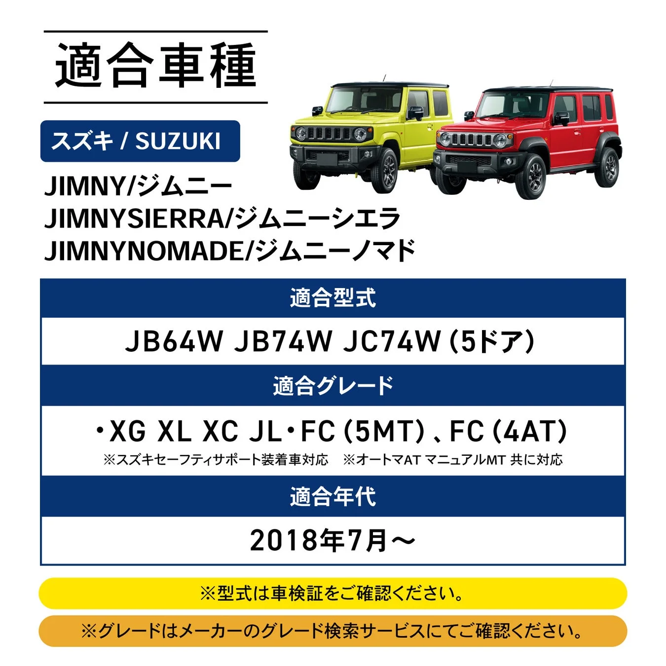 スズキ ジムニー、ジムニーシエラ、ジムニーノマドの適合車種情報を示す画像です。