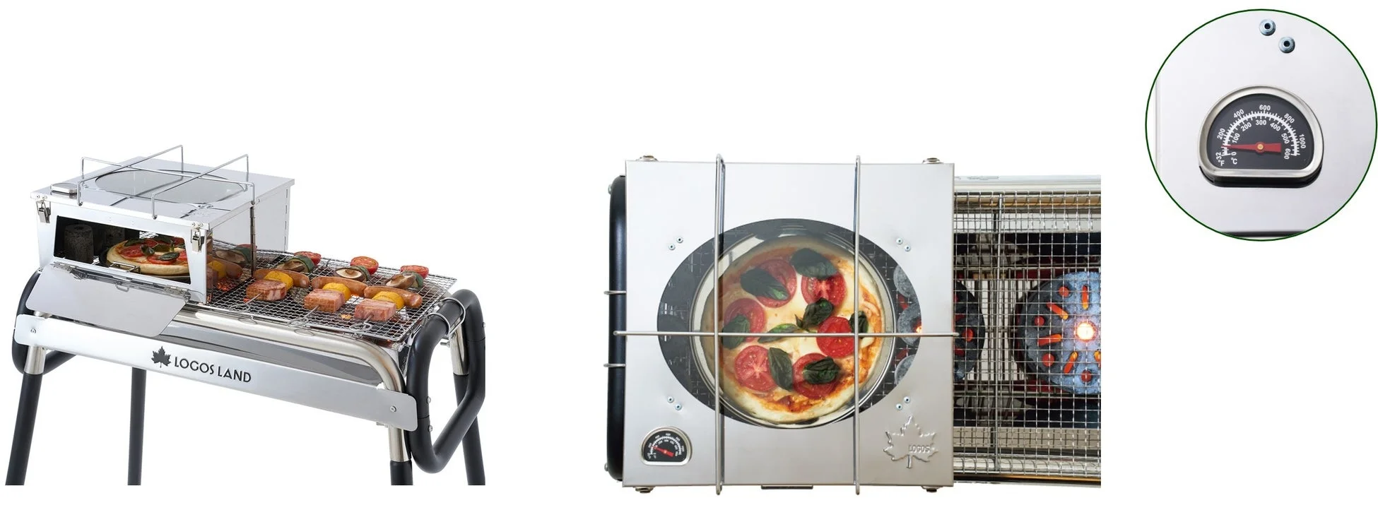 LOGOS BBQ DE オーブンで調理中の様子と温度計