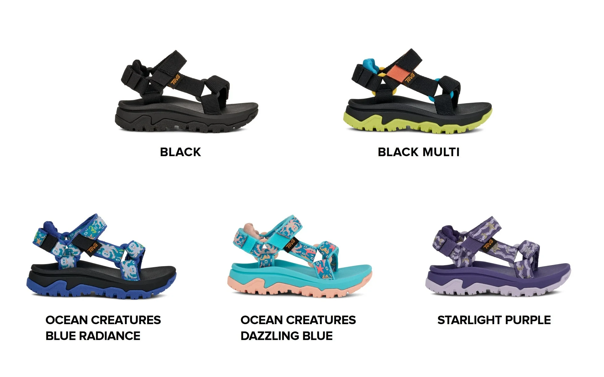 Tevaブランドのサンダルが6種類、白い背景に並べられています。