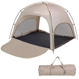 ベージュ色のポップアップ式サンシェードテントと、それを収納するキャリーバッグ