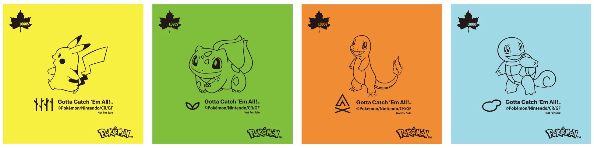 LOGOSとポケモンのコラボレーションによる、ピカチュウ、フシギダネ、ヒトカゲ、ゼニガメが描かれた4種類のデザイン