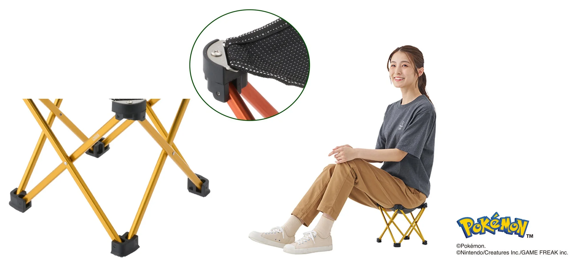 金色の折りたたみ椅子に座る女性と椅子の詳細