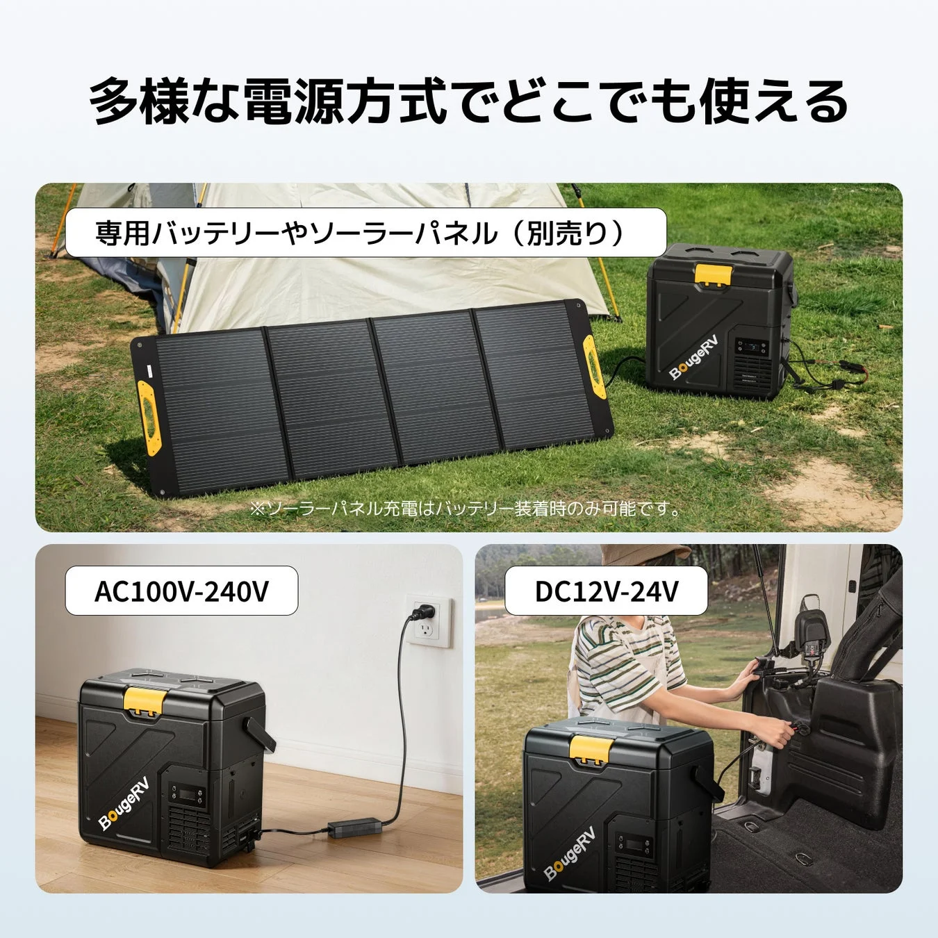 BougeRVのポータブル冷蔵庫/電源が、ソーラーパネル、家庭用AC電源、車載DC電源といった多様な方法で給電できることを示しています