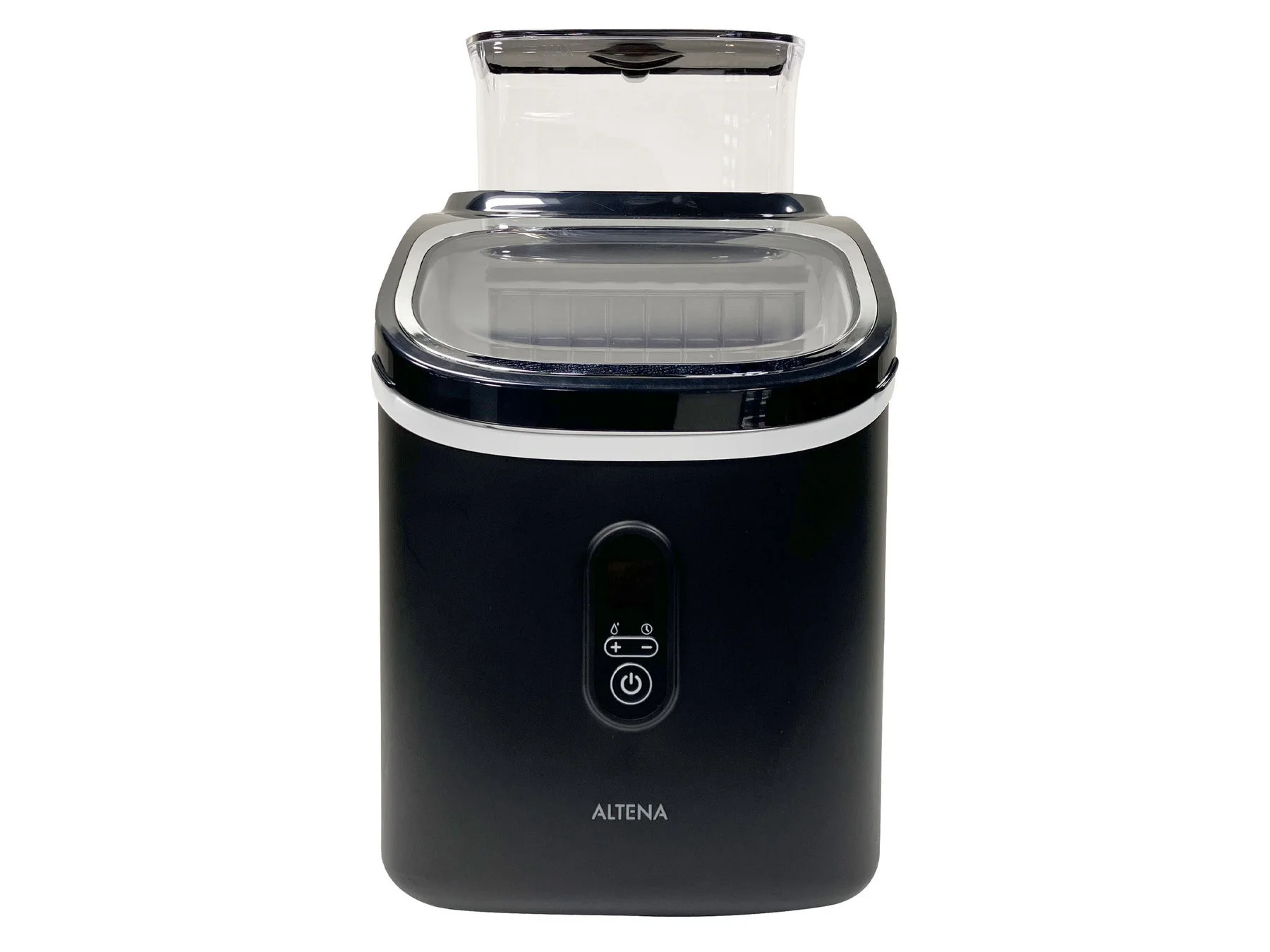 白い背景に置かれた黒色のコンパクトな製氷機です。本体下部には「ALTENA」のロゴがあり、電源や操作ボタンが中央に配置されています。上部は透明で、家庭用キッチン家電としてモダンなデザインです。