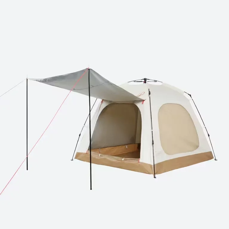 白い背景に設置されたベージュと白のキャンプ用テント