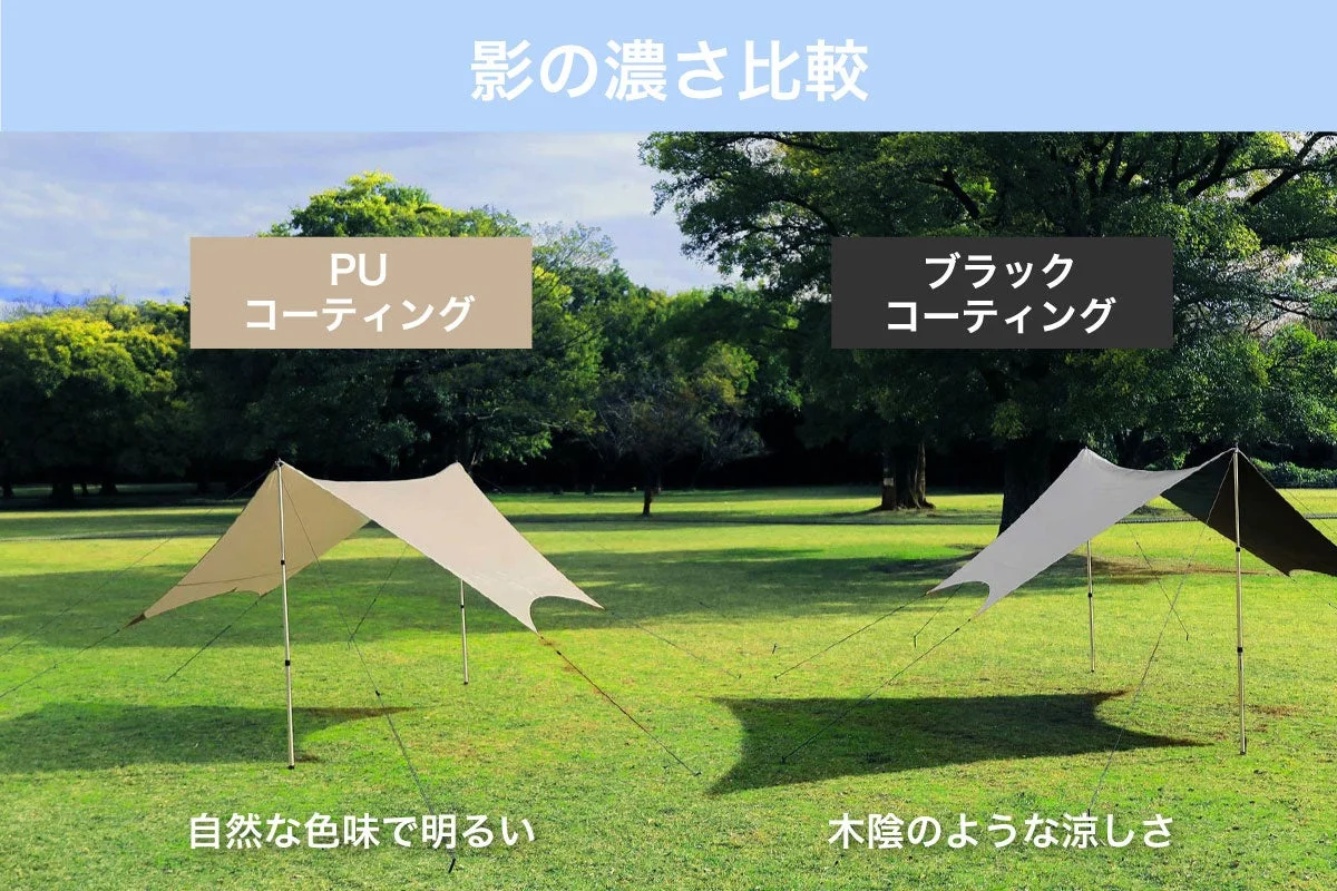 PUコーティングとブラックコーティングのタープを並べて、それぞれの影の濃さを比較している画像です。PUコーティングは自然な明るさ、ブラックコーティングは木陰のような涼しさを提供することが示されています。