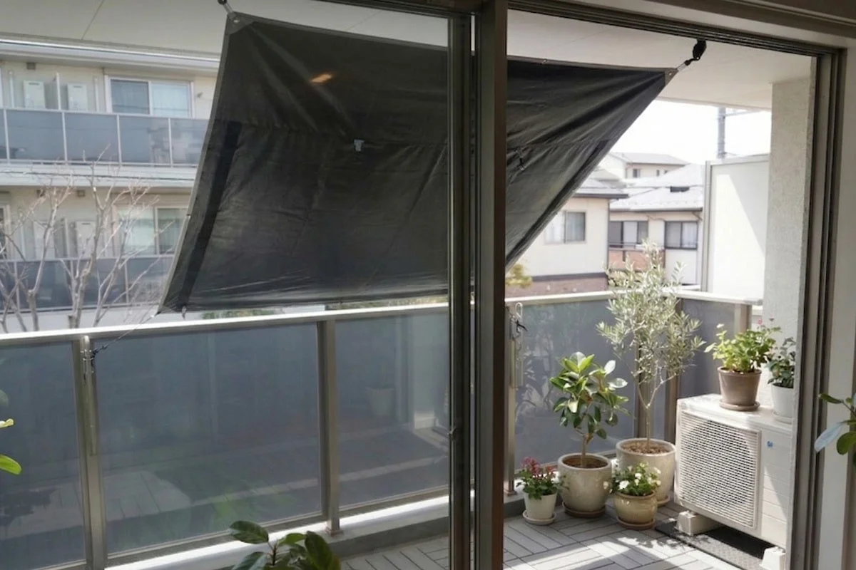 バルコニーに黒い日よけが設置され、様々な鉢植えの観葉植物が並んでいます。室外機も置かれており、開放的な住環境が感じられる風景です。