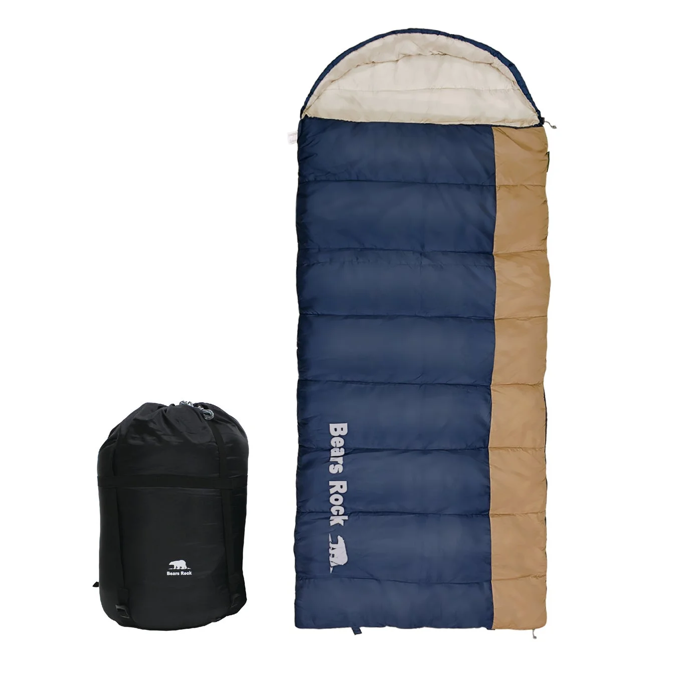 青と茶色を基調とした寝袋と、それを収納する黒い圧縮袋