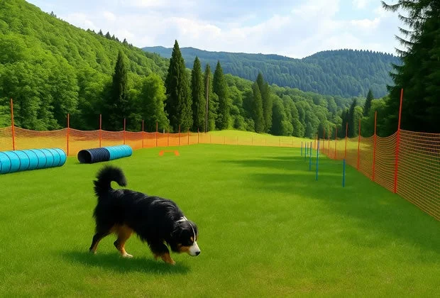 緑豊かな山々に囲まれた広々とした芝生のドッグアジリティコースで、一匹の犬が訓練している様子