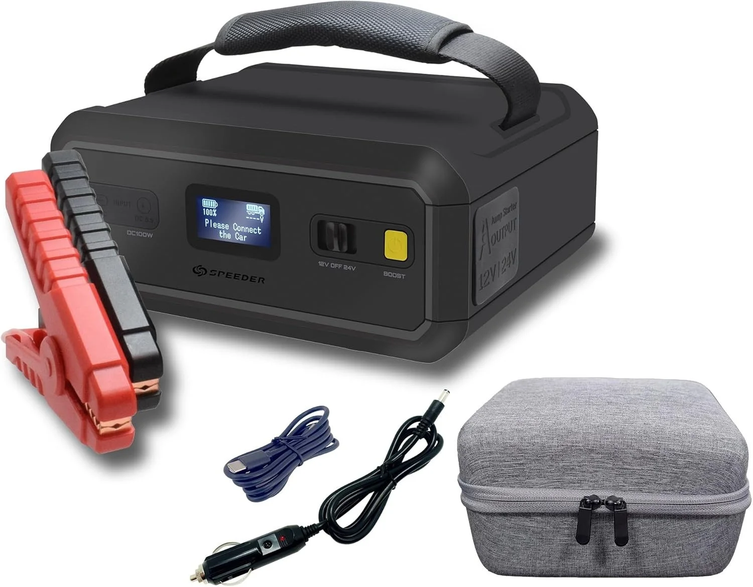 車のバッテリー上がり時に使用する、黒いポータブルジャンプスターターとその付属品のセットです。バッテリークランプ、充電ケーブル、シガーソケット充電器、そして持ち運び用のグレーの収納ケースが含まれています。12V/24V出力に対応しています。