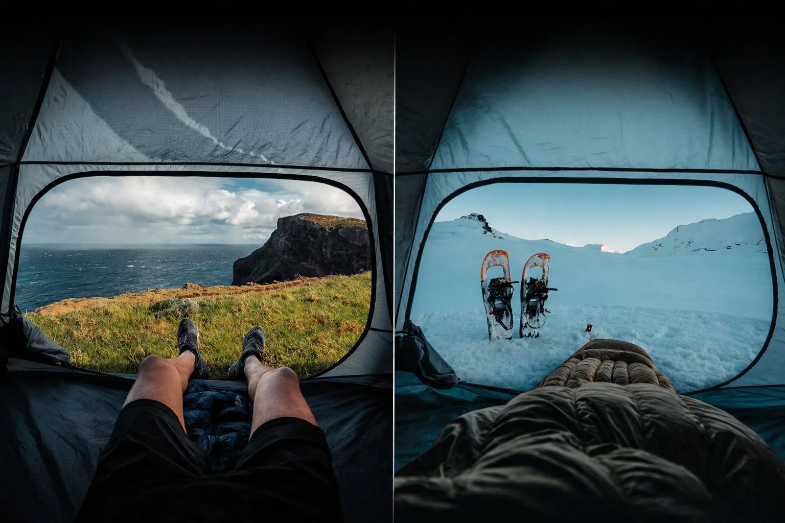 テントの中から見える景色（海と雪山）
