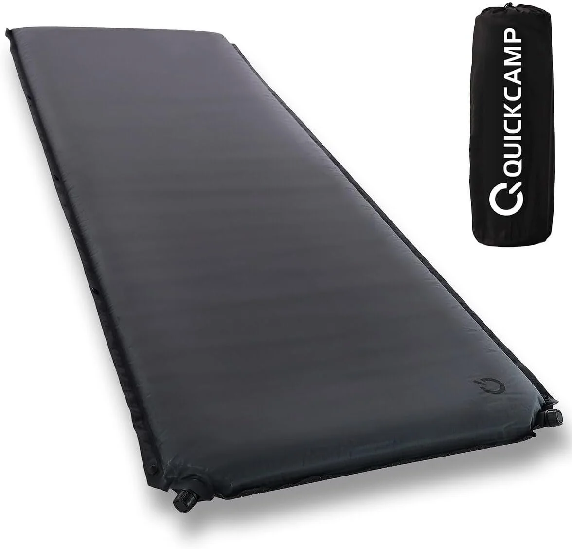 黒いインフレータブル式のスリーピングマットと、それに収納するための黒い専用バッグ