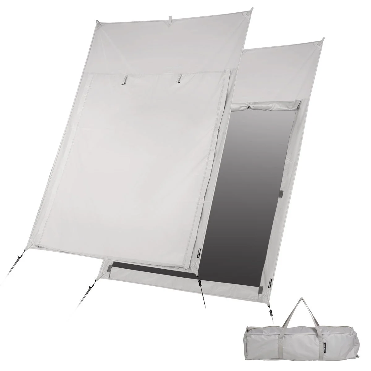 スノーピーク製のアウトドア用タープまたはプライバシースクリーンとその収納袋が写っています。キャンプや日よけに使える、明るい色のパネルが特徴です。