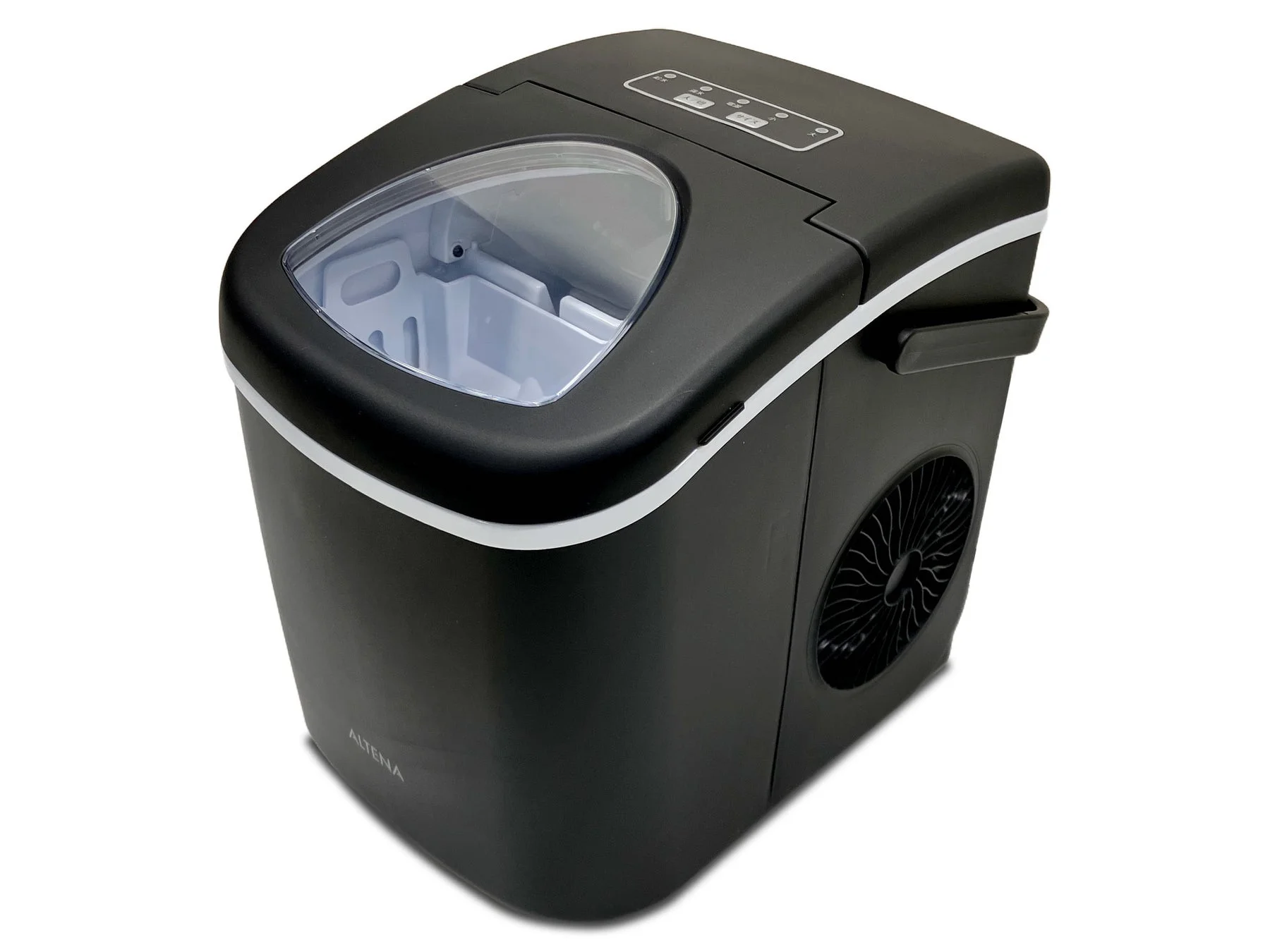 黒色のコンパクトな製氷機が白い背景に置かれています。上部には操作パネルと透明な蓋があり、内部の製氷トレイが見えます。