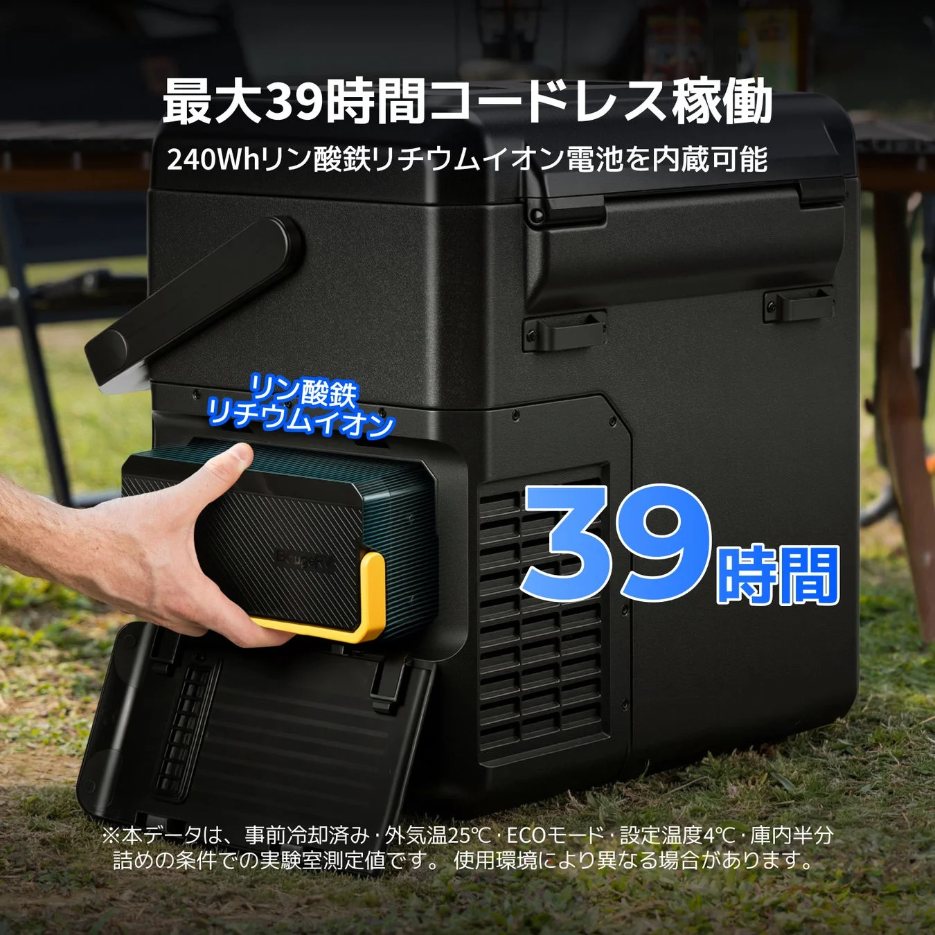 最大39時間コードレス稼働するポータブル冷蔵庫の画像