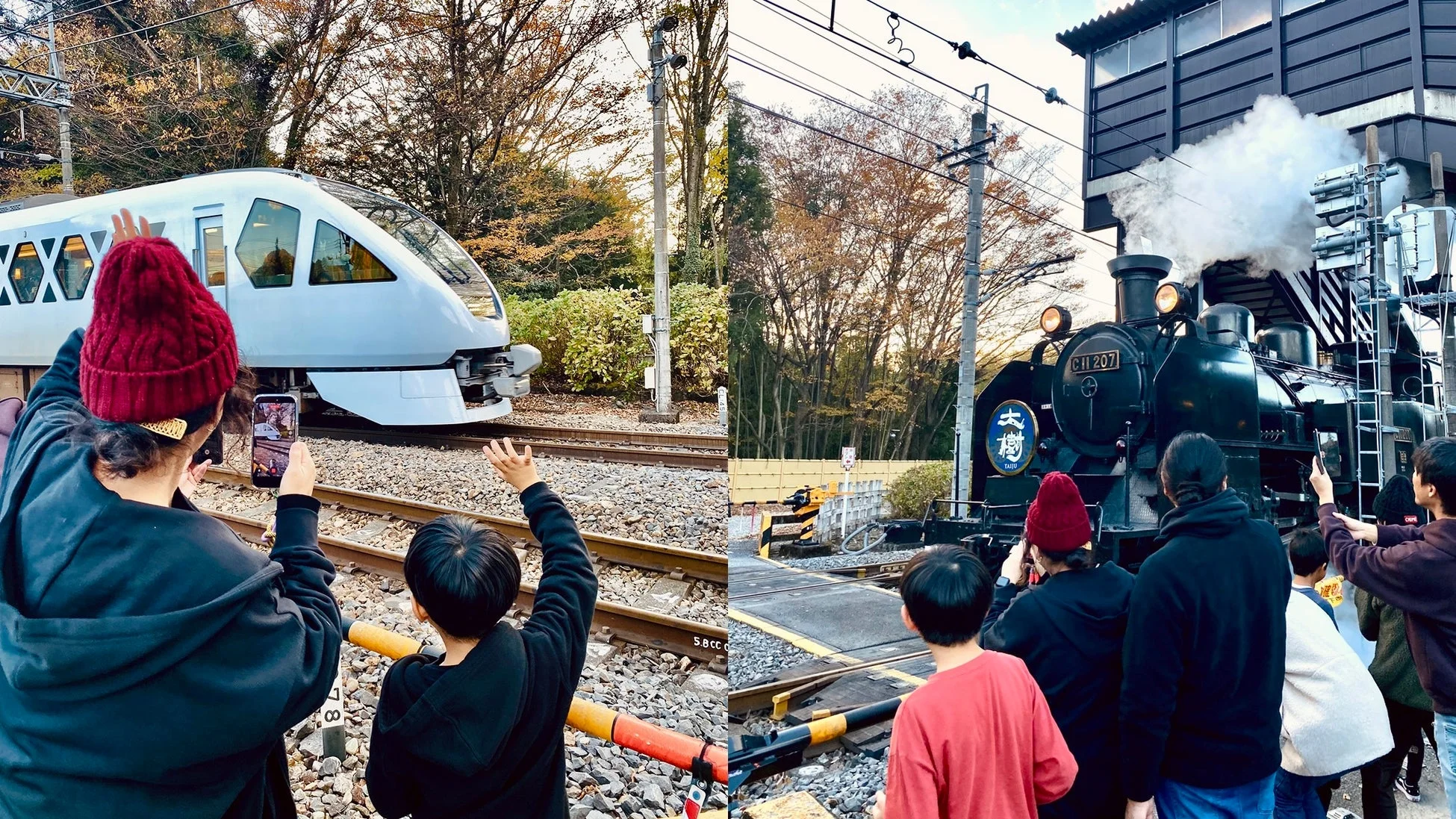 現代的な白い特急列車と、黒い蒸気機関車「SL大樹」が通過する様子