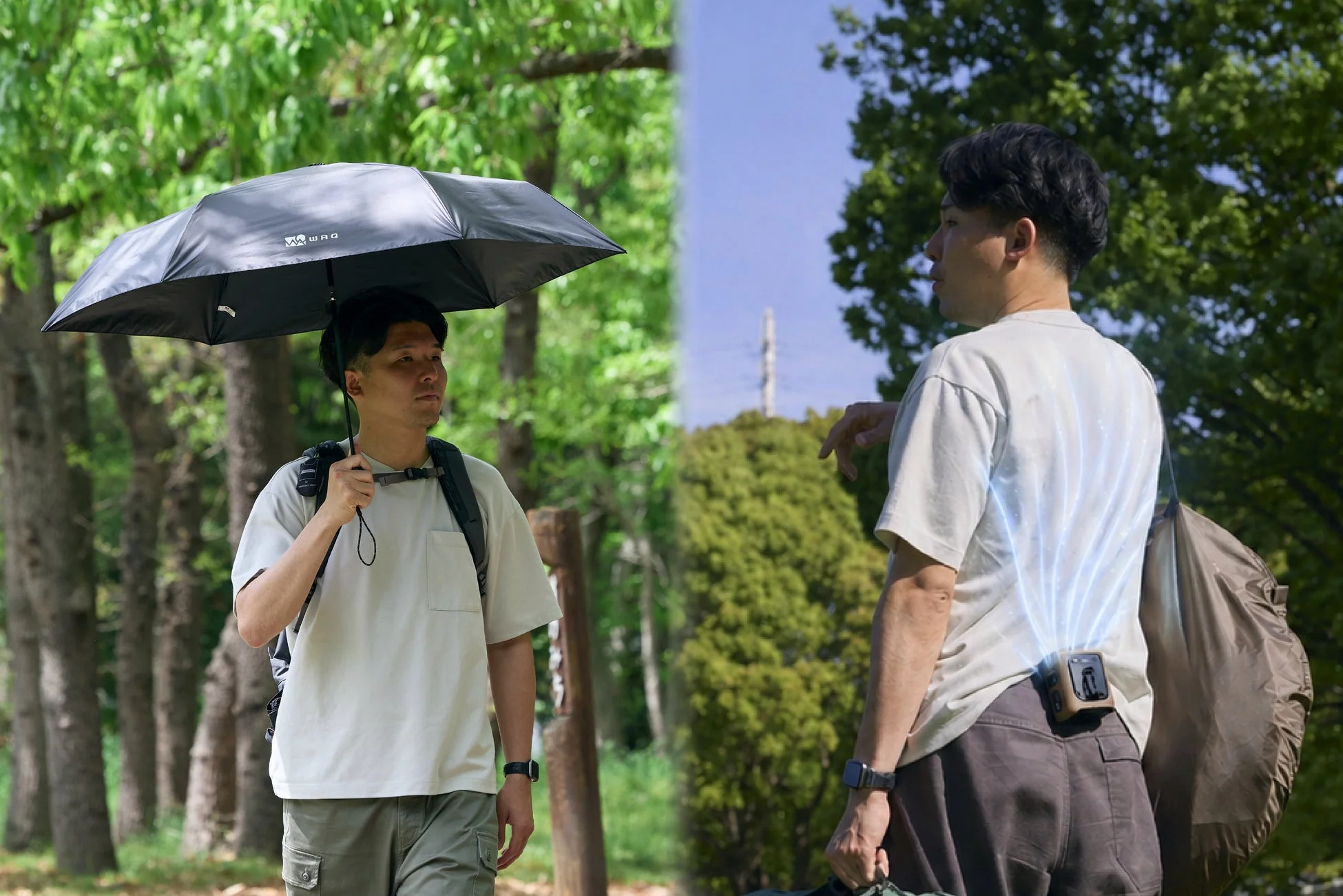 日傘とポータブルファンを使う男性