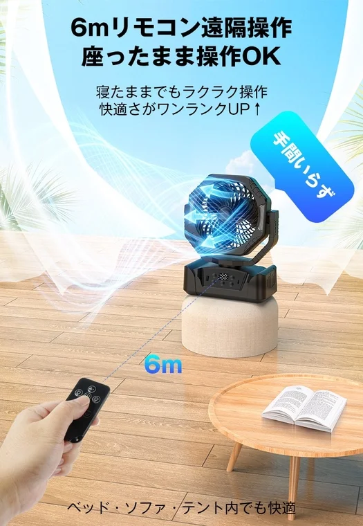 6mのリモコン遠隔操作が可能なポータブル扇風機の広告