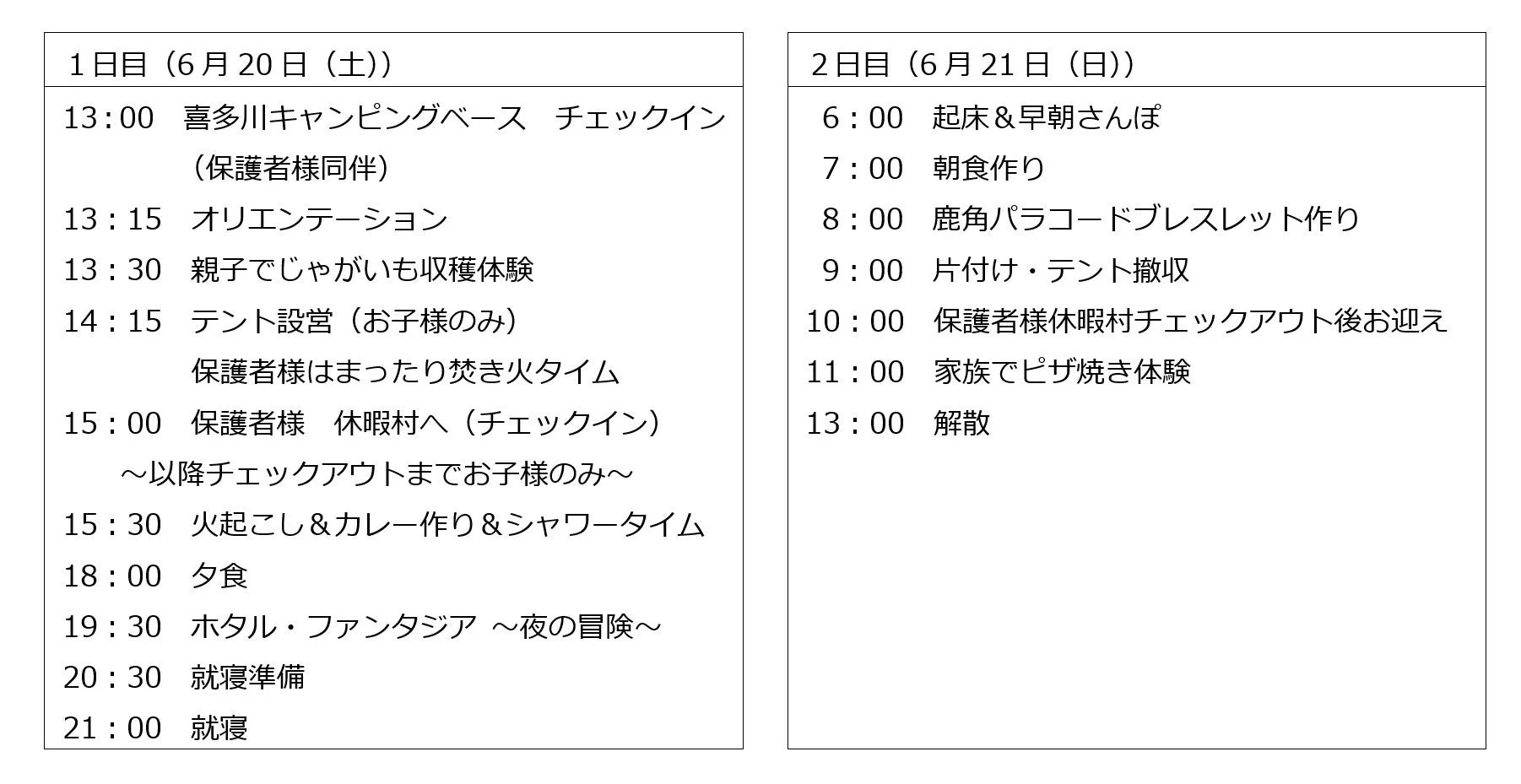2日間のキャンププログラムのスケジュール。じゃがいも収穫、テント設営、カレー作り、ホタル鑑賞、ピザ焼きなど、親子で楽しめるアウトドア体験が盛り込まれています。