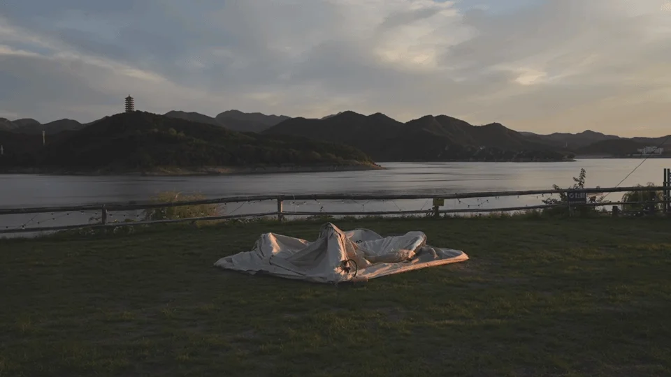 自然,湖,山,夕暮れ,キャンプ,テント,風景,屋外,塔