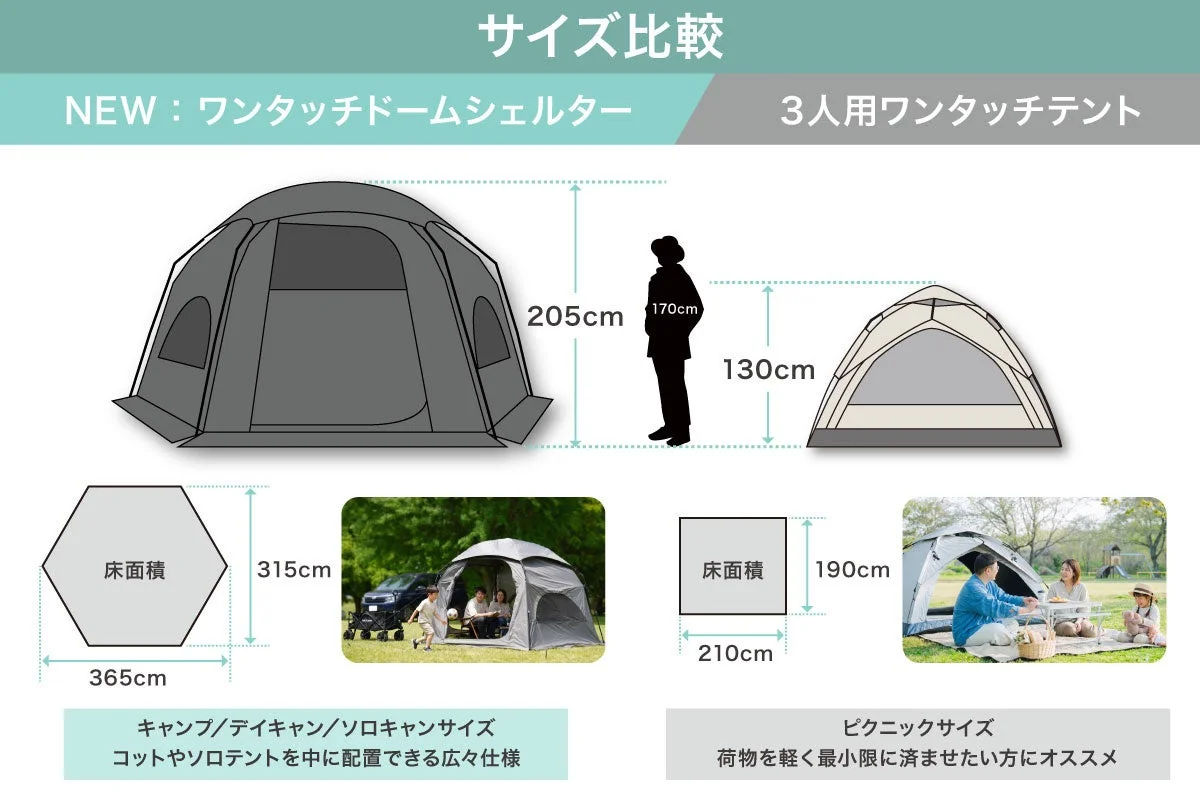 ワンタッチドームシェルターと3人用ワンタッチテントのサイズを比較する画像です。