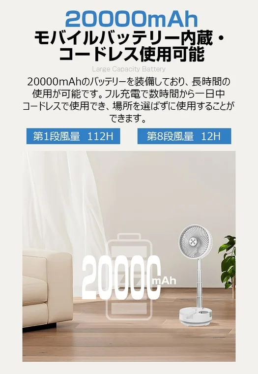 20000mAh モバイルバッテリー内蔵・コードレス使用可能