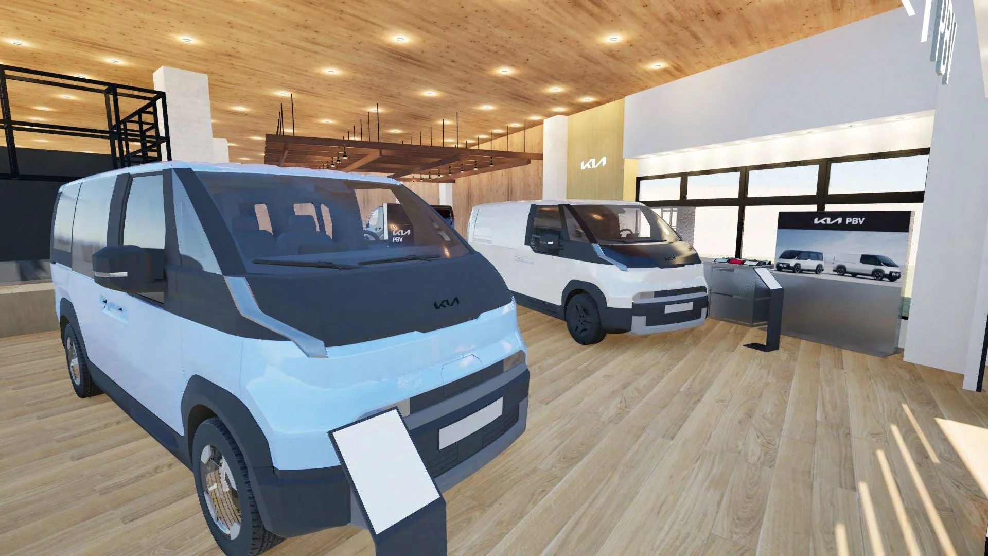KIAのモダンなショールームで、ライトブルーとホワイトのPBVバンが展示されています。