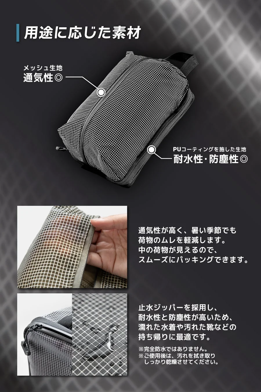 メッシュ生地とPUコーティング生地を採用した多機能収納ポーチ