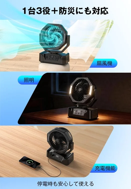 扇風機、照明、充電機能の3つの役割を持つ多機能ポータブルファン