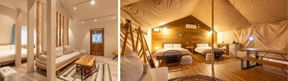 モダンでナチュラルなデザインの宿泊施設の部屋と、広々として快適なグランピングテントの内部の2つの異なる宿泊空間を並べて表示しています。どちらも落ち着いた雰囲気で、リラックスできる空間を提供しています。