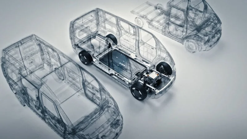 複数の透明な車両ボディの骨格が描かれており、中央の車両は電気自動車（EV）のシャーシ構造を詳細に示しています。バッテリーパックや電気モーター、サスペンションなどが透けて見え、現代の自動車工学とデザインを強調しています。