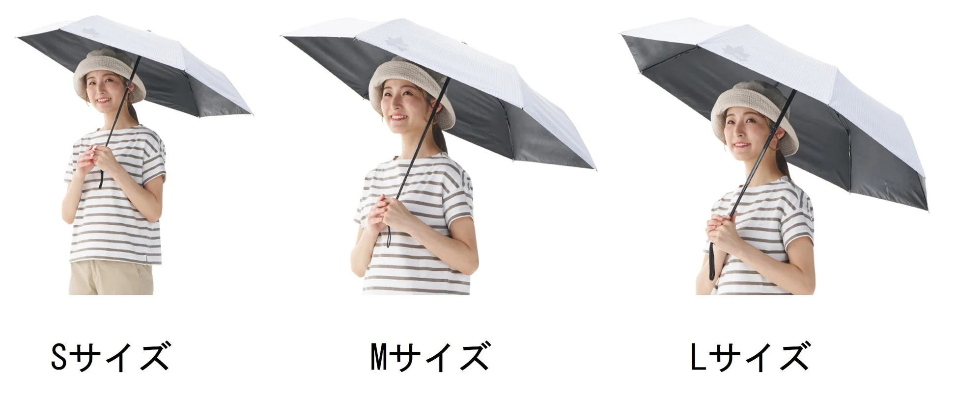 S、M、Lの3サイズの日傘を持つ女性
